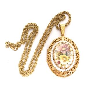 VINTAGE SIGNED MIRIAM‎ HASKELL CHAIN NECKLACE & FLOWER PICTURE LOCKET PENDANT